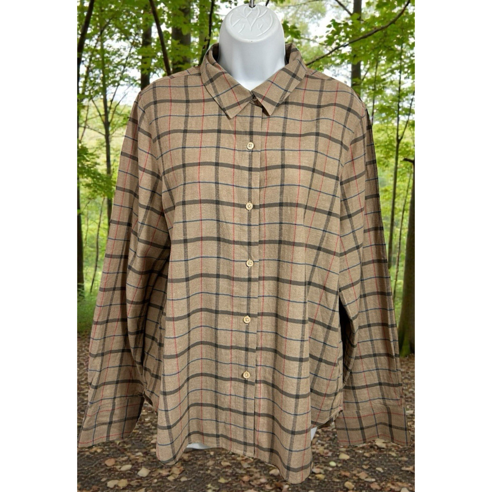 Jenni Kayne Brown Plaid Button Front Shirt Sz Medium Long-Sleeve 100% Cotton